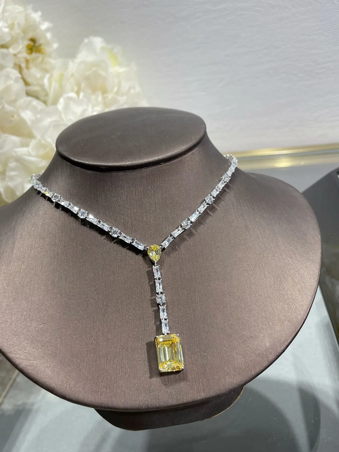 Channel-Set Alternating Baguette and Round-Cut Stone Collar Necklace 4