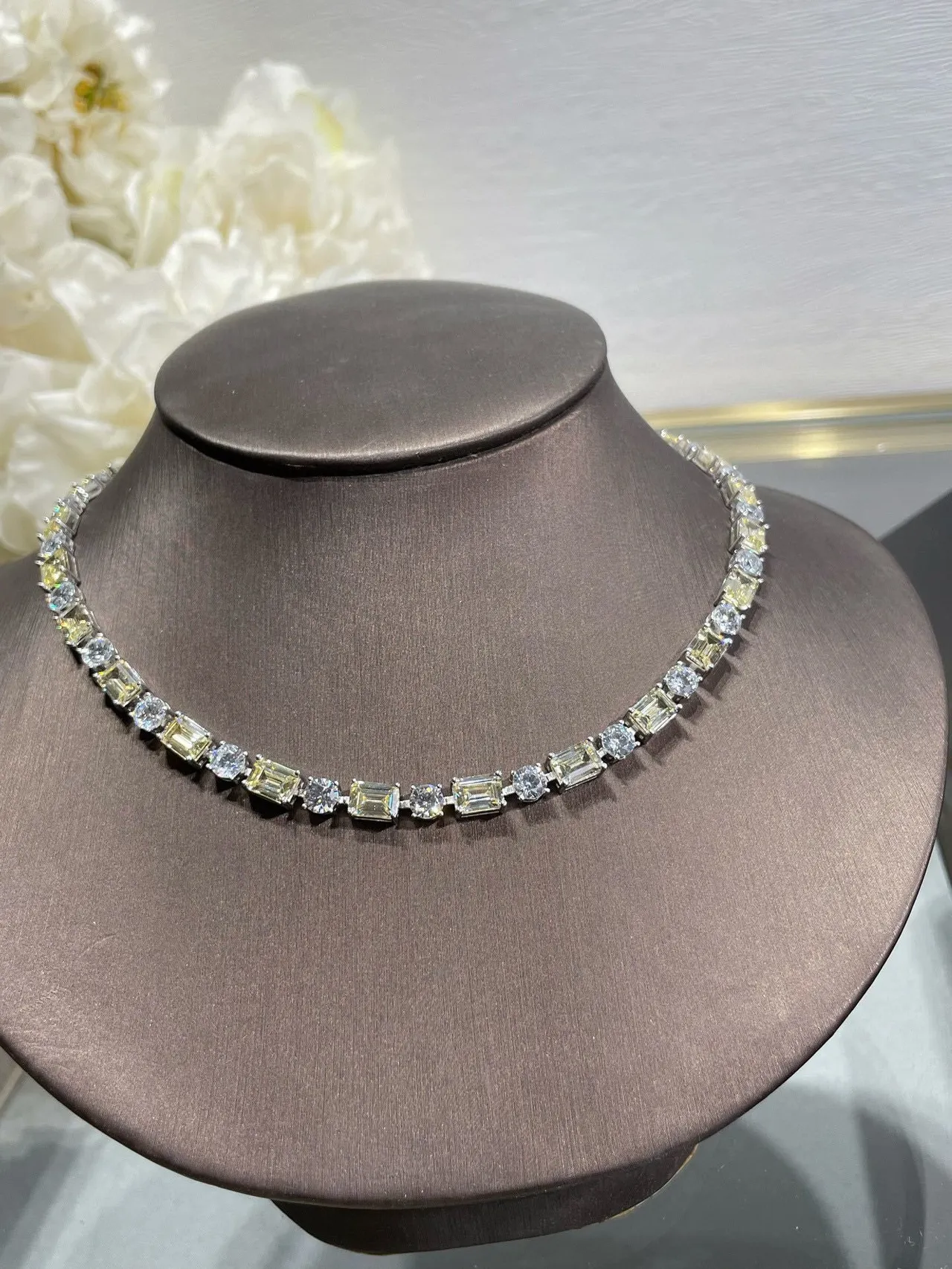 Channel-Set Alternating Baguette and Round-Cut Stone Collar Necklace 5