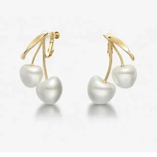 Cherry-Shaped Pearl and Gold-Tone Dangling Earrings