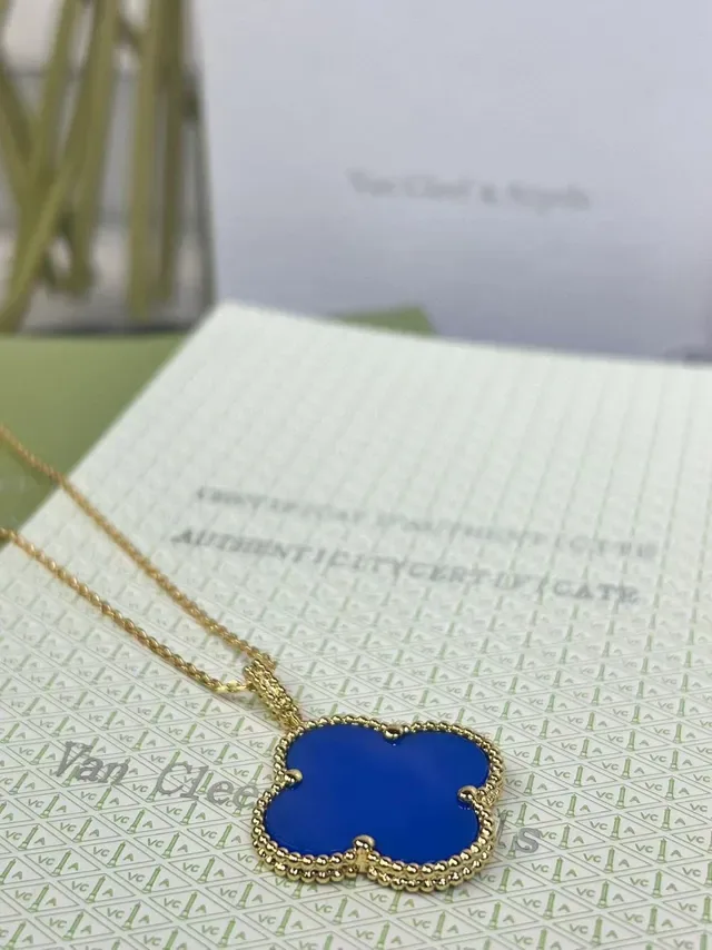 Clover-Shaped Blue Enamel Pendant Gold-Tone Chain Necklace 5