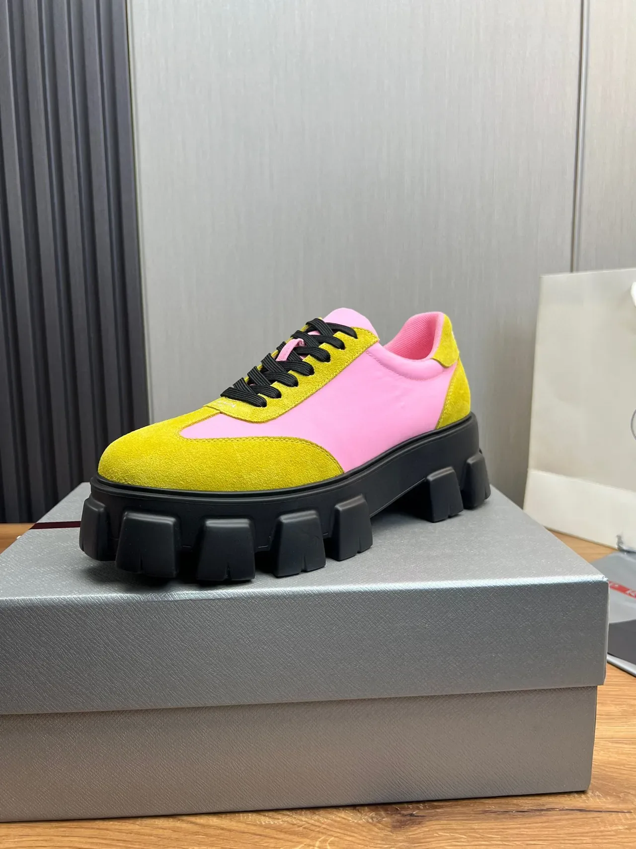 Color-Blocked Yellow and Pink Suede Chunky Sneaker 1