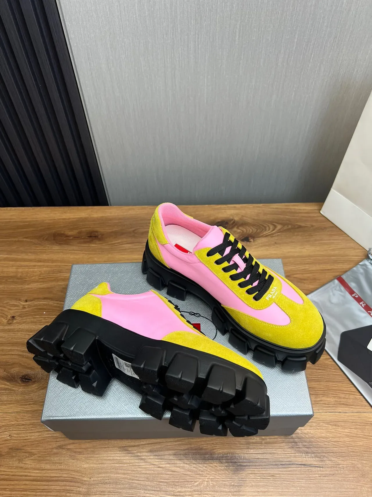 Color-Blocked Yellow and Pink Suede Chunky Sneaker 6