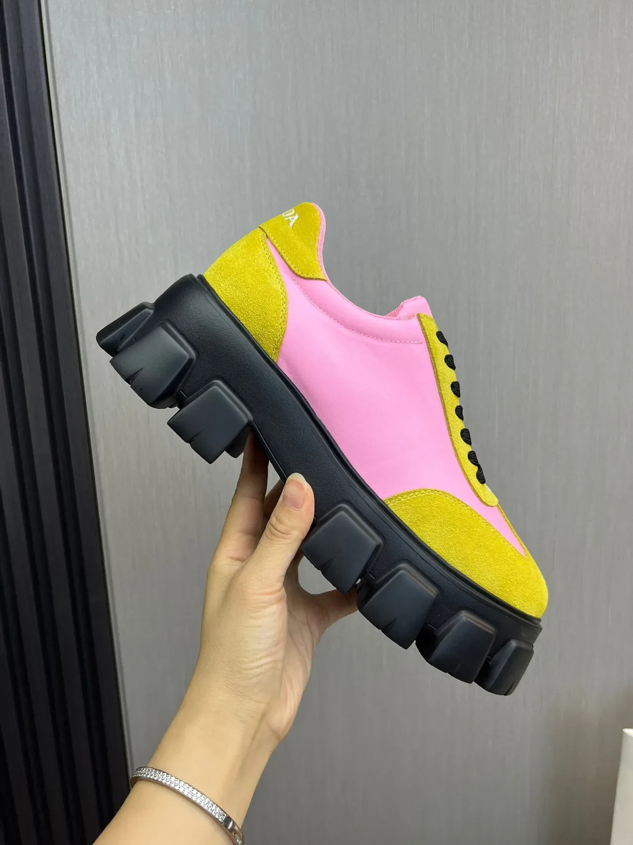 Color-Blocked Yellow and Pink Suede Chunky Sneaker 7