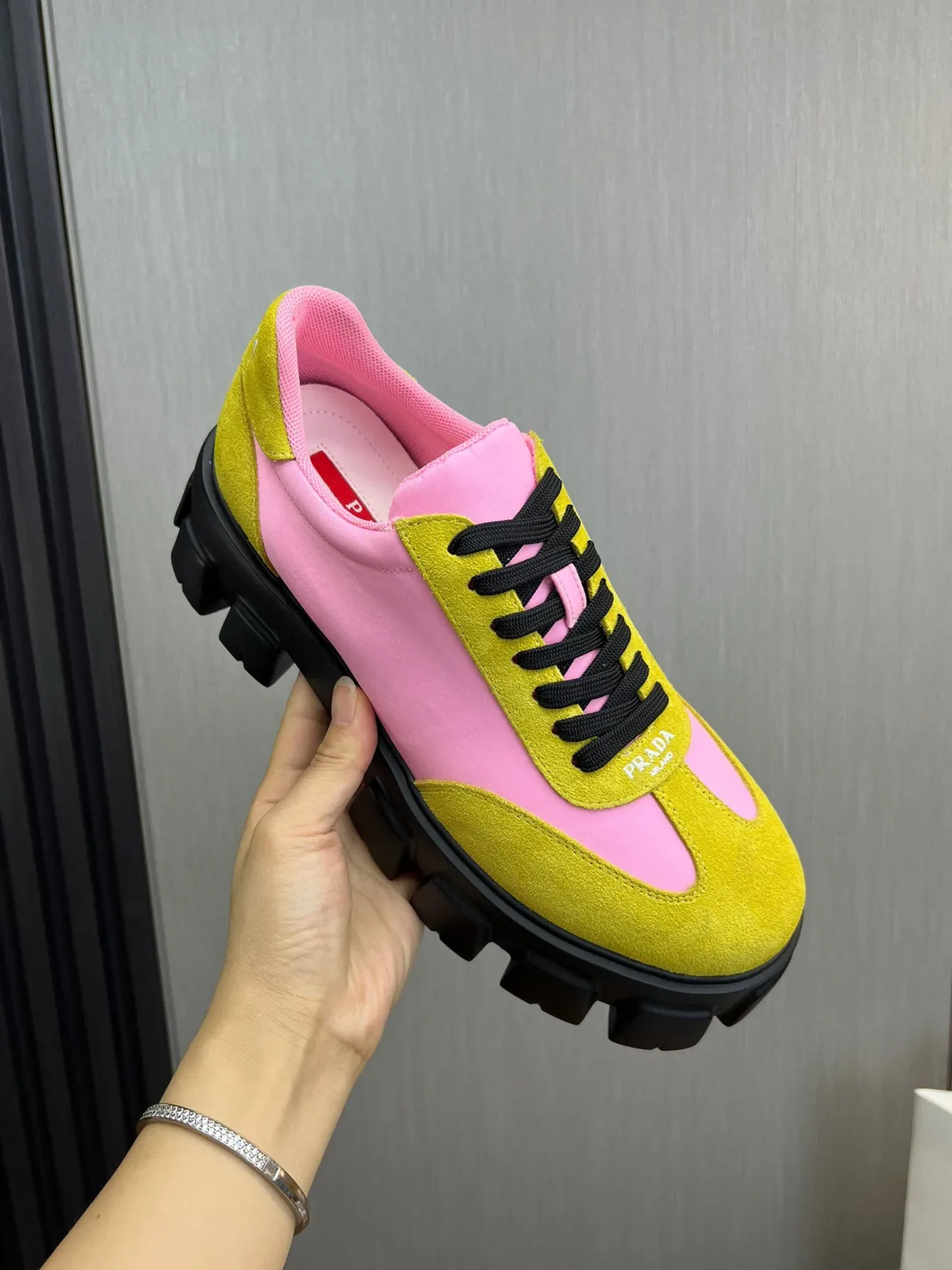Color-Blocked Yellow and Pink Suede Chunky Sneaker 8