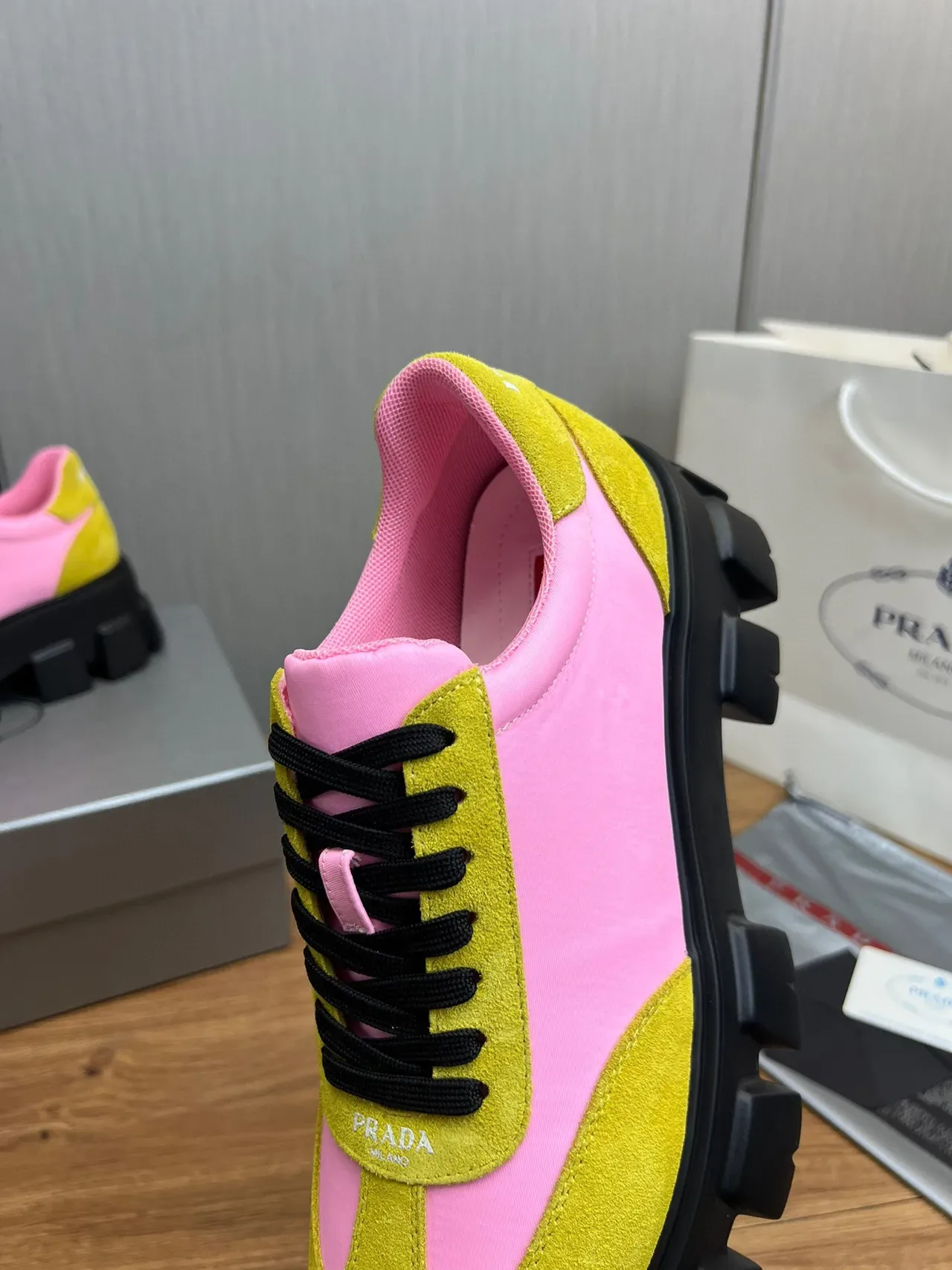 Color-Blocked Yellow and Pink Suede Chunky Sneaker 10