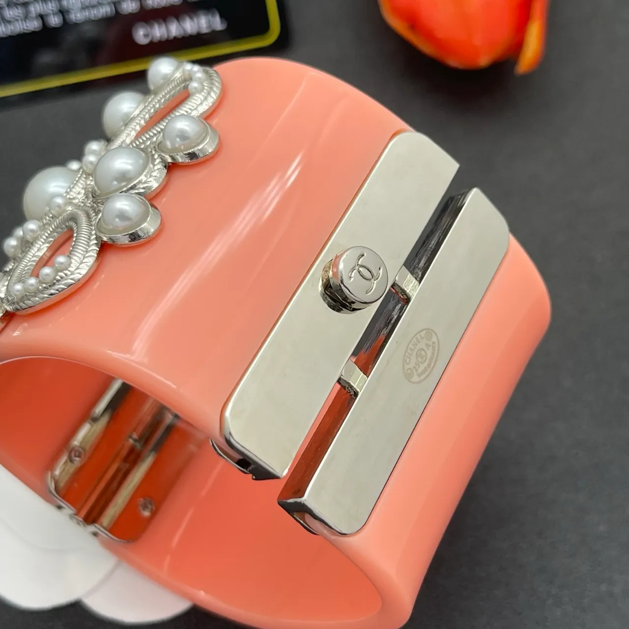 Coral Pearl-Embellished Filigree Clasp Clutch 3
