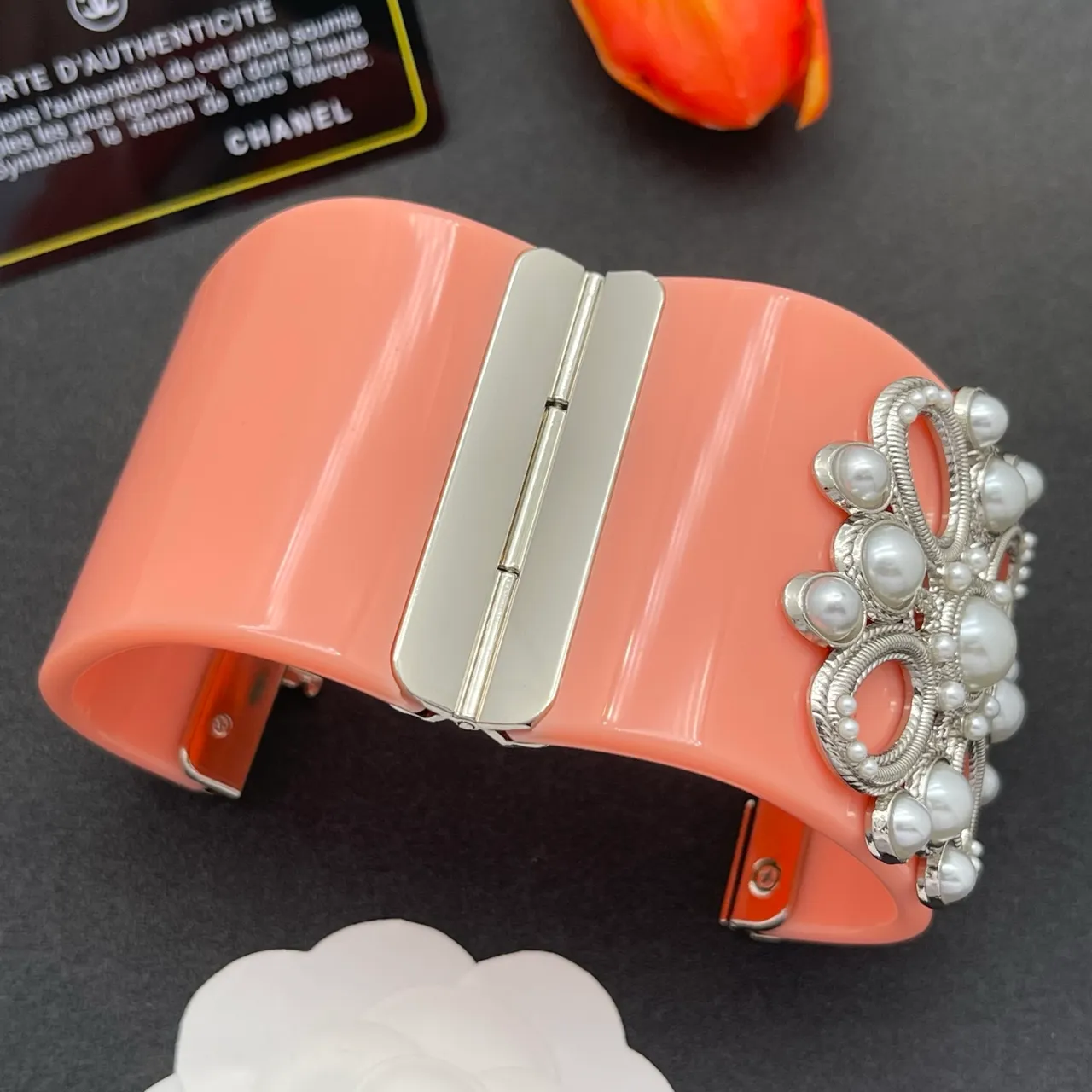 Coral Pearl-Embellished Filigree Clasp Clutch 5