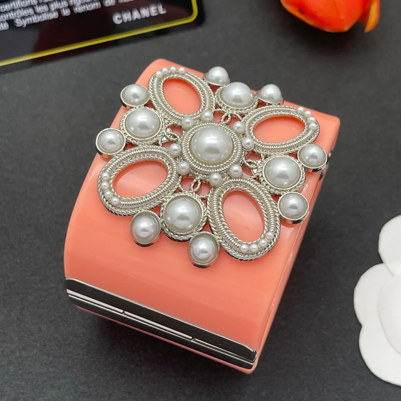 Coral Pearl-Embellished Filigree Clasp Clutch 6
