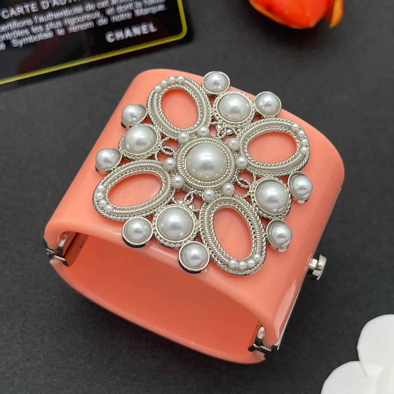 Coral Pearl-Embellished Filigree Clasp Clutch 7