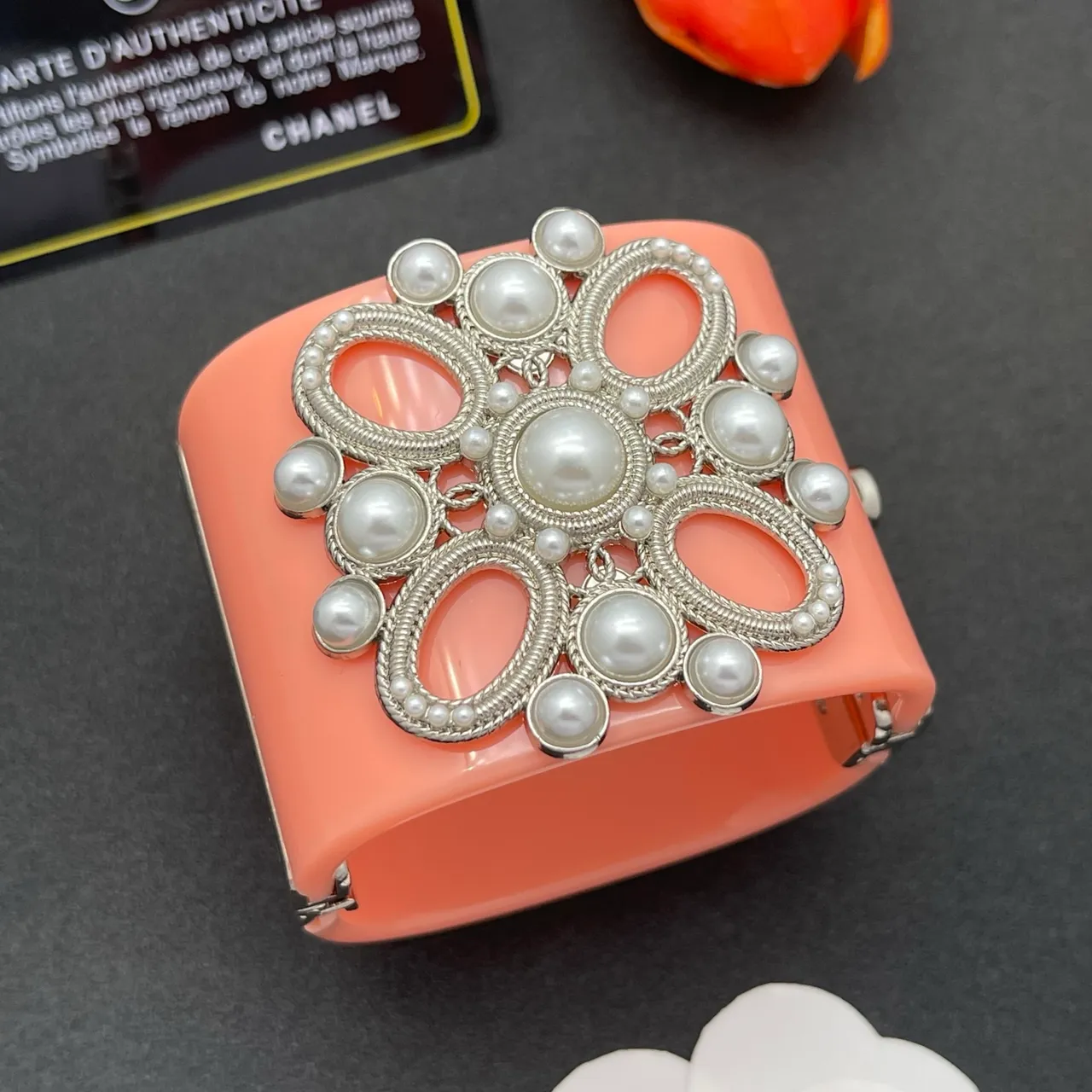 Coral Pearl-Embellished Filigree Clasp Clutch 8