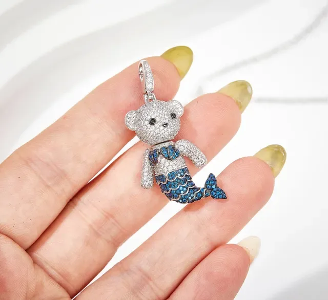 Crystal-Encrusted Bear Mermaid Pendant Necklace 3