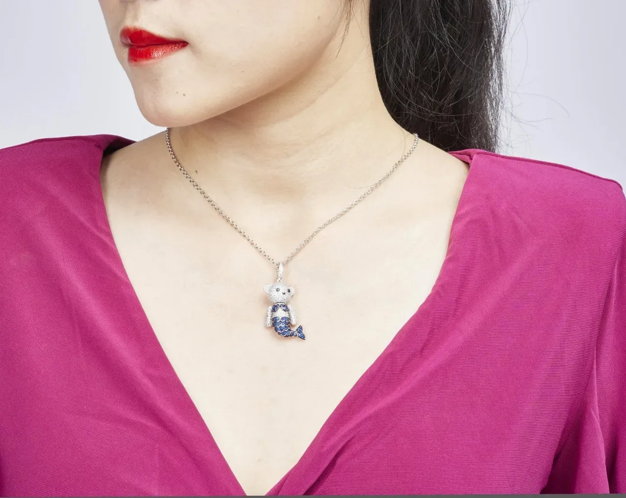 Crystal-Encrusted Bear Mermaid Pendant Necklace 4