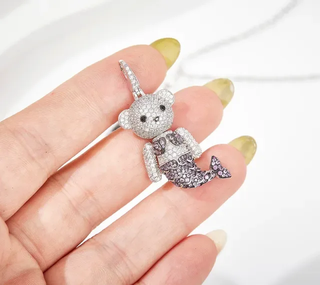 Crystal-Encrusted Bear Mermaid Pendant Necklace 5