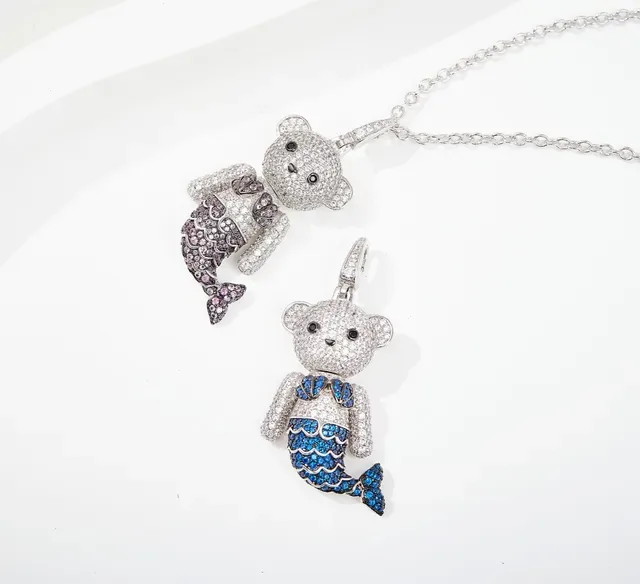 Crystal-Encrusted Bear Mermaid Pendant Necklace 6