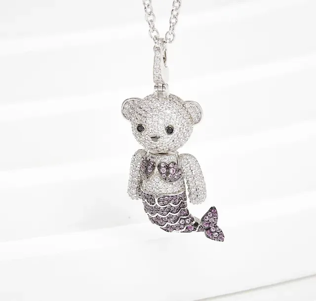 Crystal-Encrusted Bear Mermaid Pendant Necklace 7