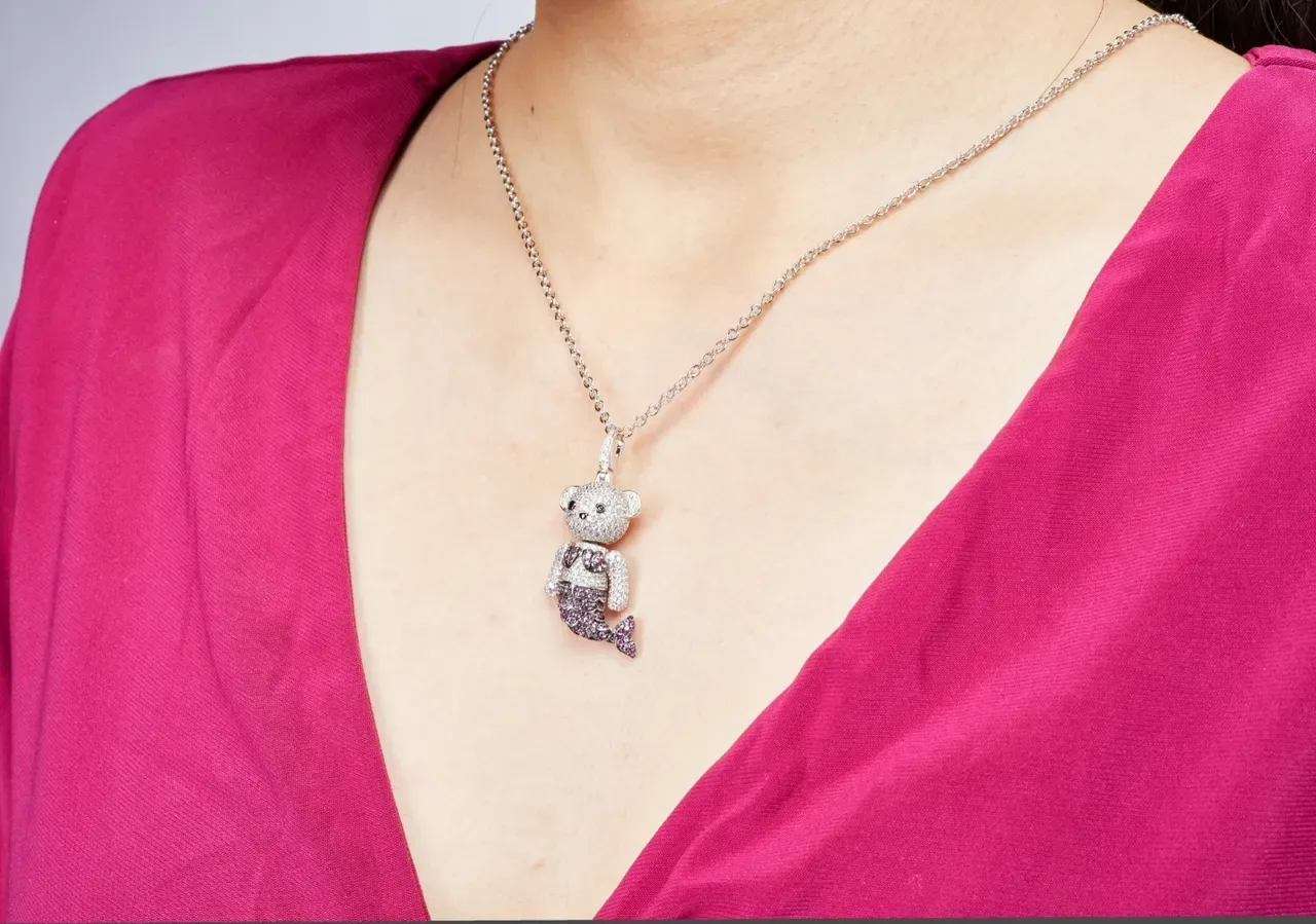 Crystal-Encrusted Bear Mermaid Pendant Necklace 8