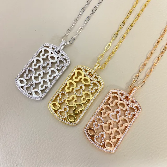 Crystal-Pavé Heart Motif Dog-Tag Pendant Necklaces 1