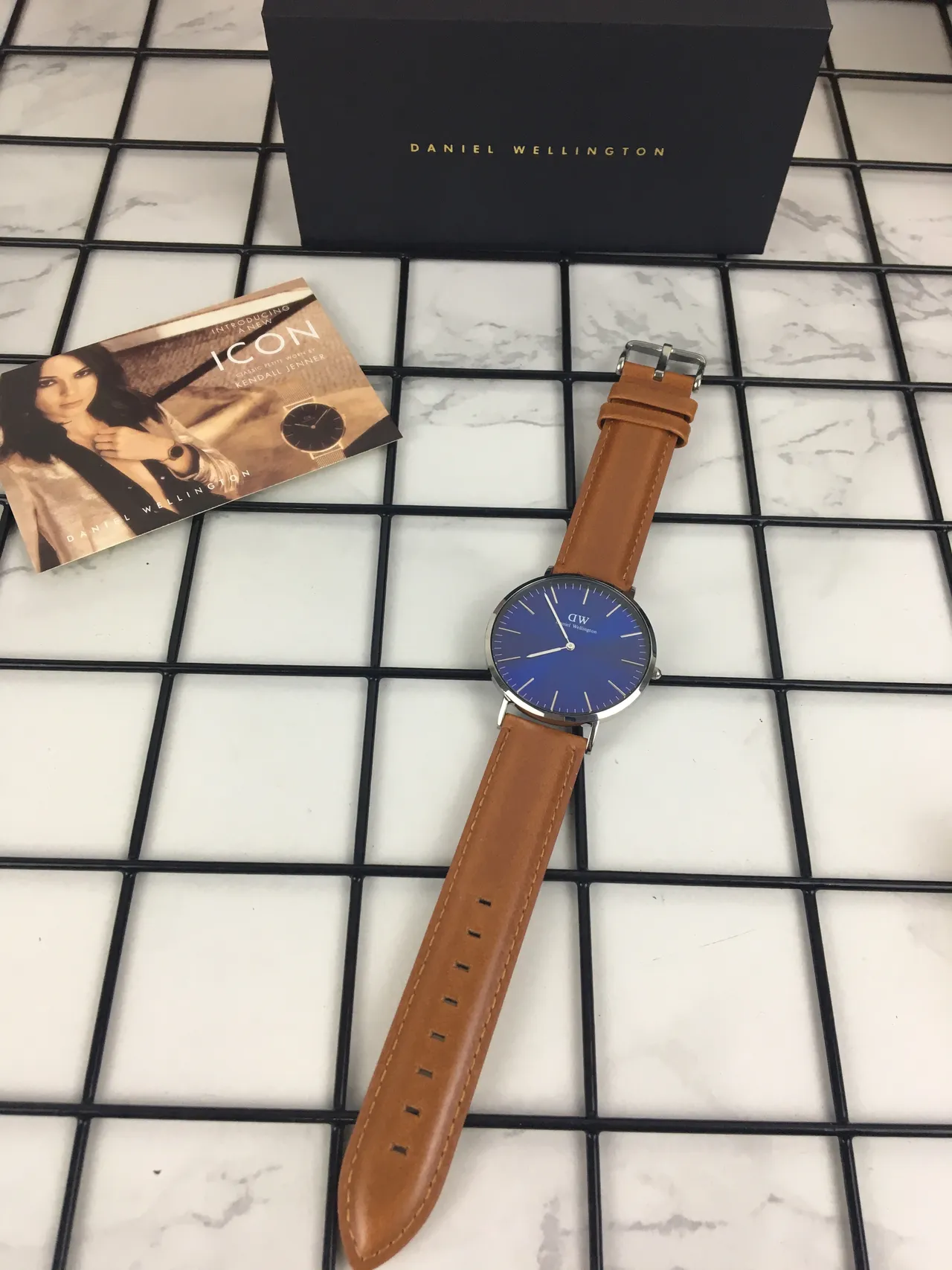 Daniel Wellington Icon Blue Gradient Dial Tan Leather Strap Quartz Watch 6