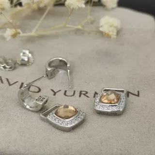 David Yurman Albion Silver Beige Hinged Square Hoop Cushion-Cut Central Stone Earrings