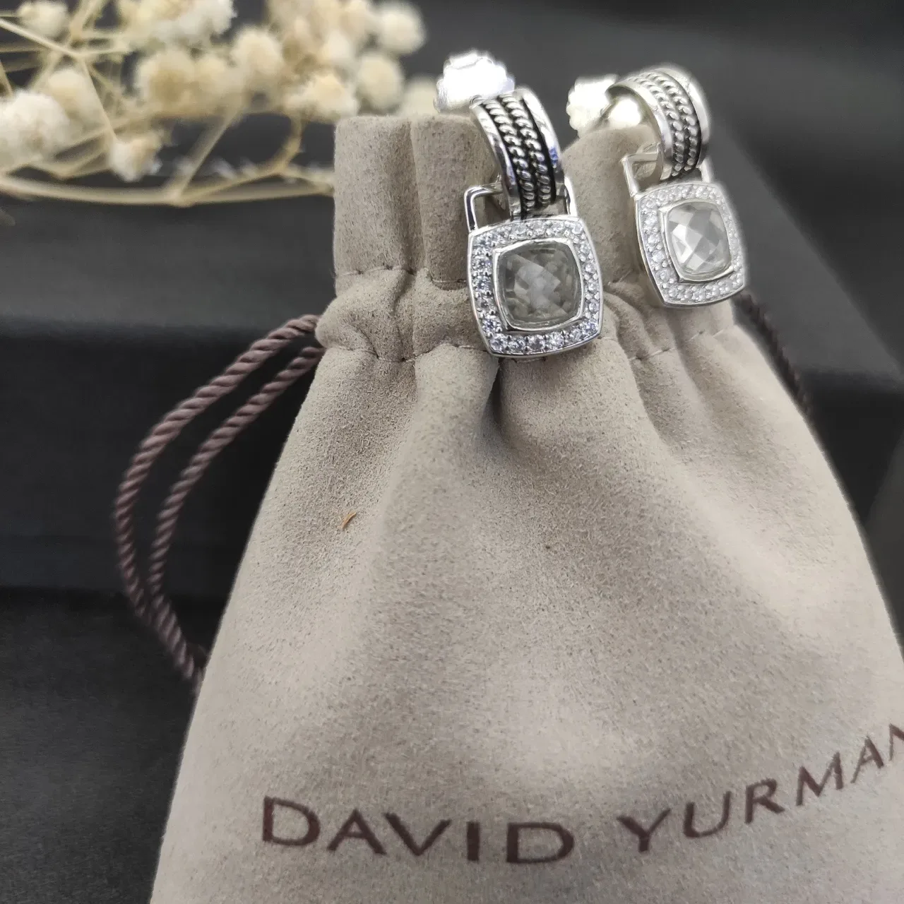 David Yurman Albion Silver Beige Hinged Square Hoop Cushion-Cut Central Stone Earrings 7