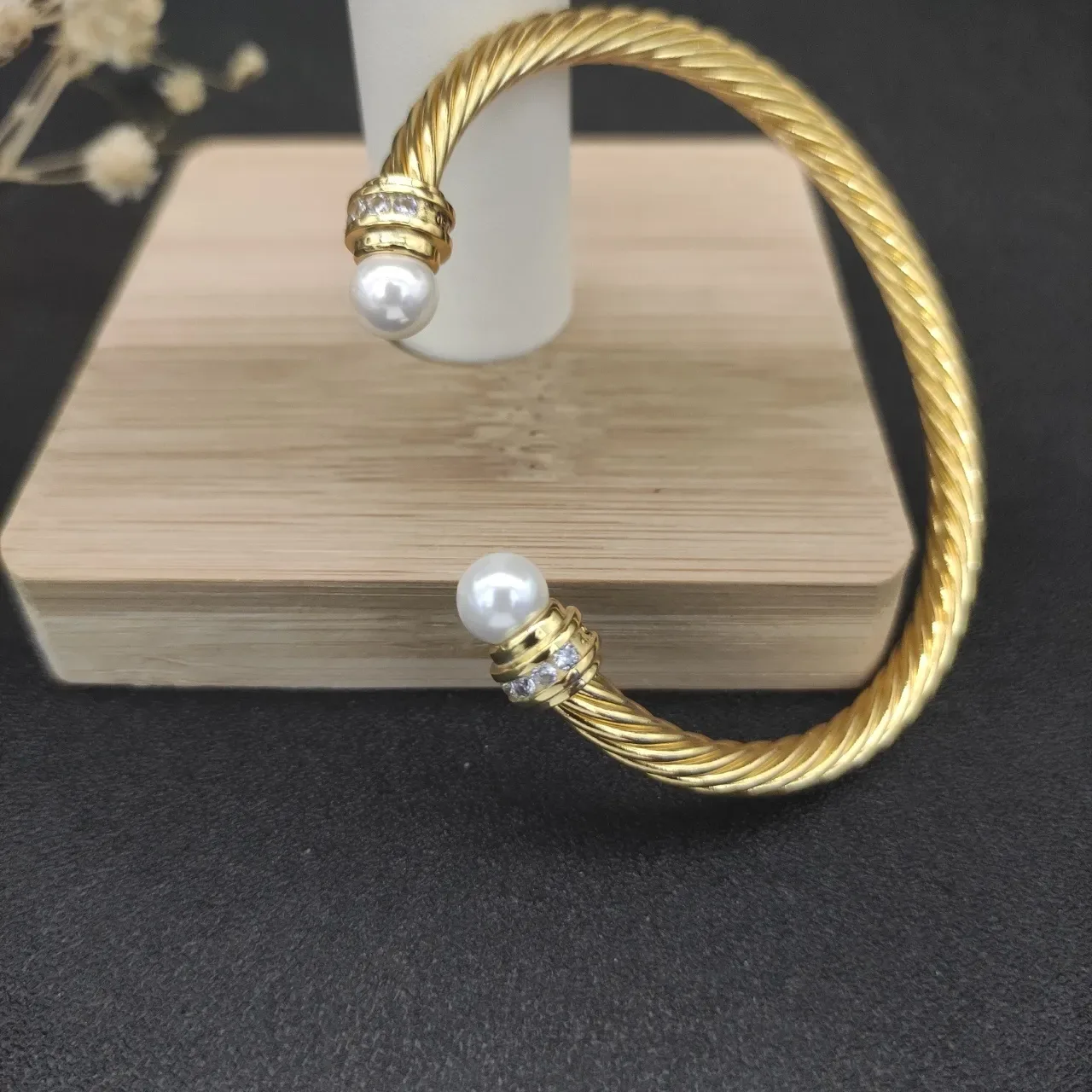 David Yurman Cable Classics Pulseira de Ouro Branco Trançada com Extremidade de Pérola 6