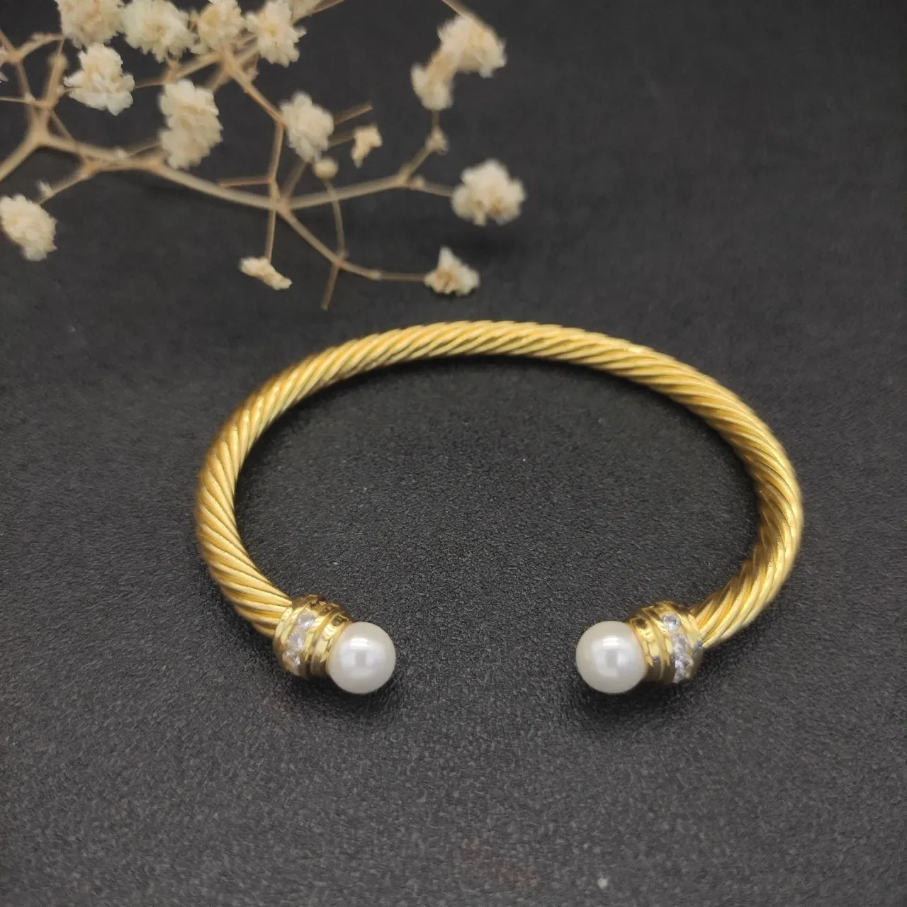 David Yurman Cable Classics Pulseira de Ouro Branco Trançada com Extremidade de Pérola 7