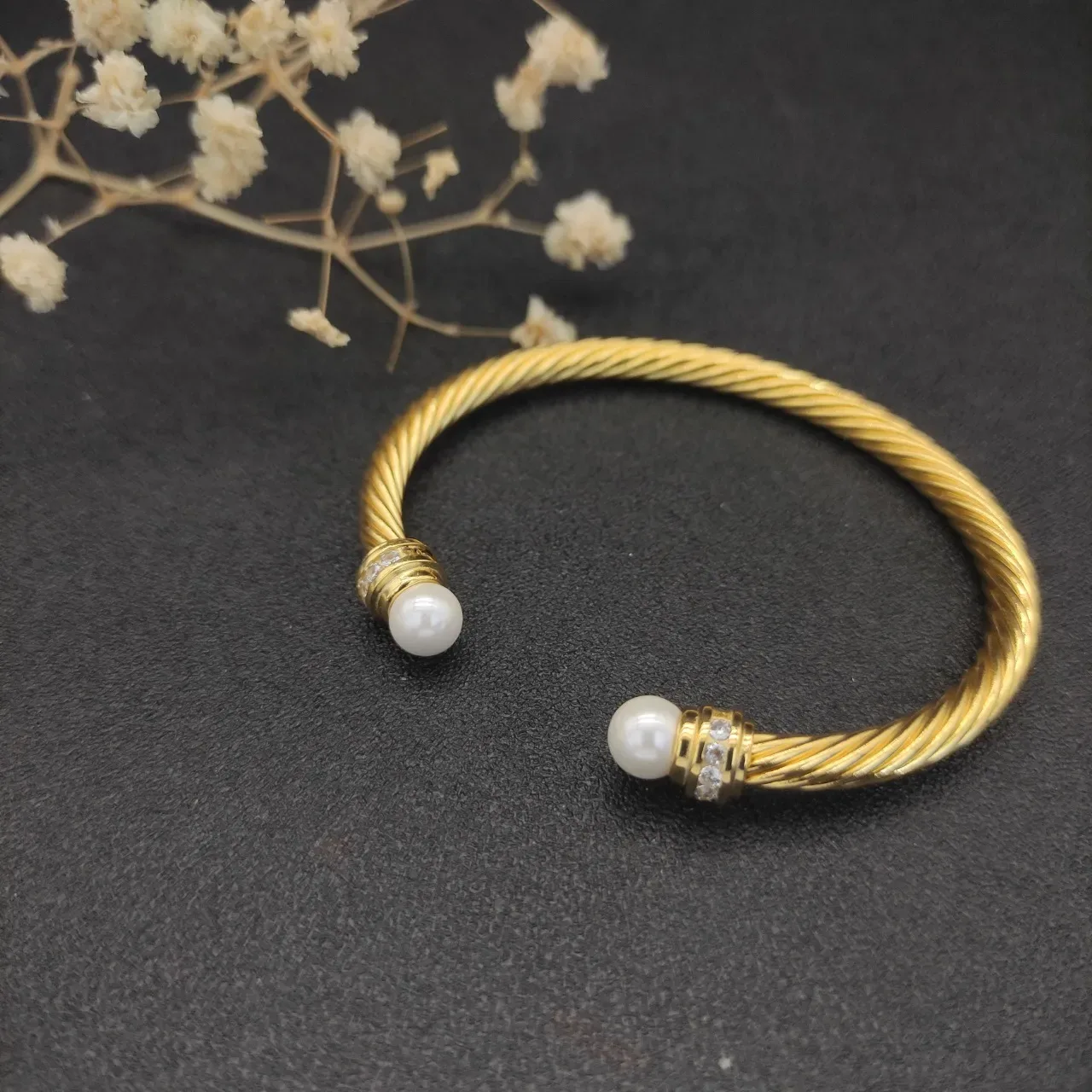 David Yurman Cable Classics Pulseira de Ouro Branco Trançada com Extremidade de Pérola 8