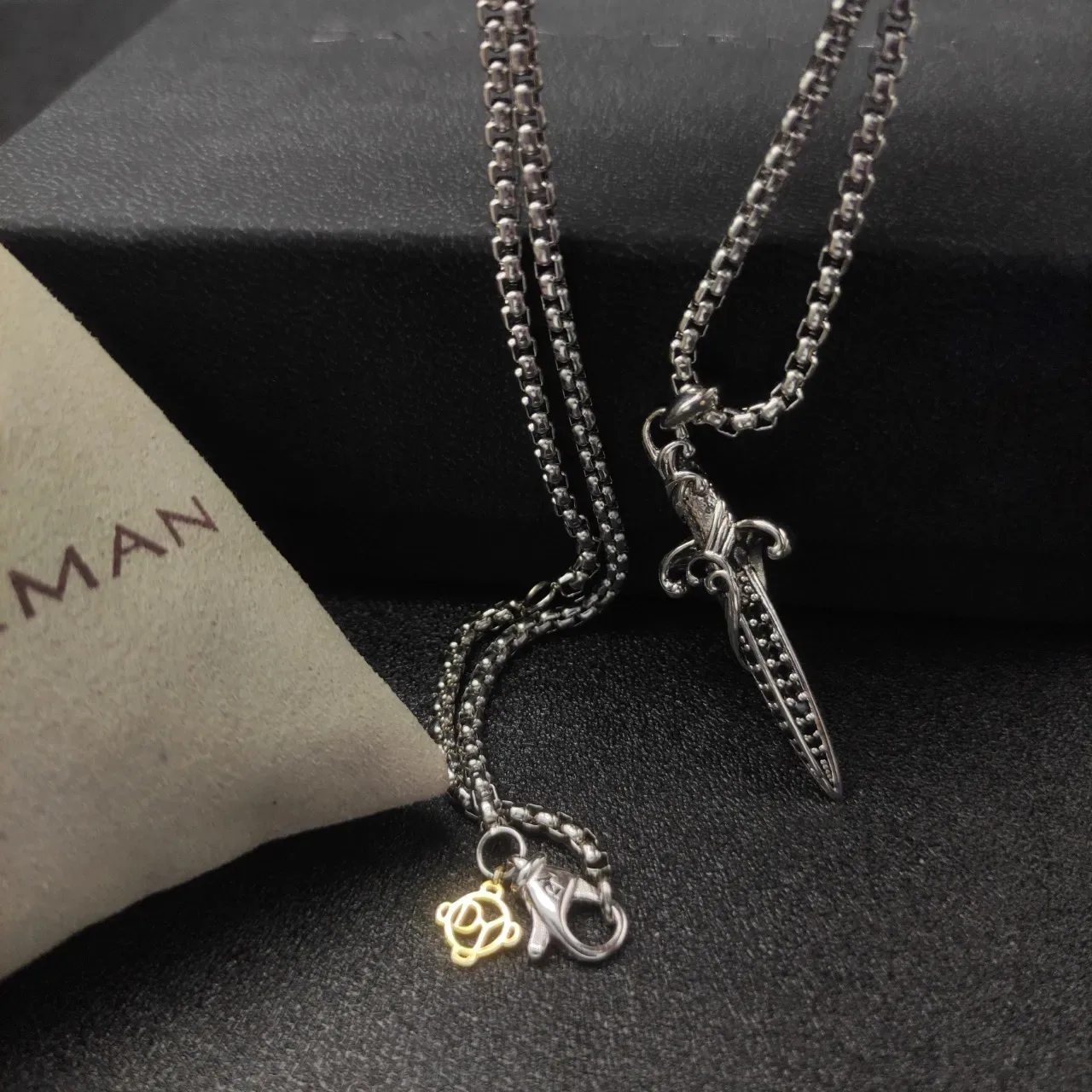 David Yurman Dagger Silver Black Pendant Pavé Stones Necklace 6
