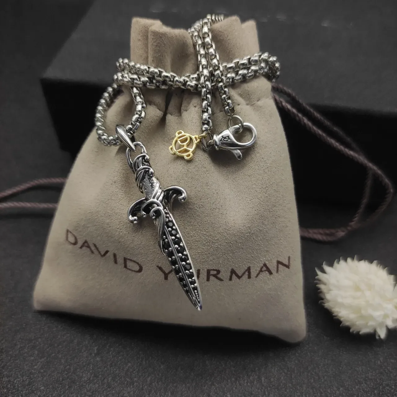 David Yurman Dagger Silver Black Pendant Pavé Stones Necklace 7