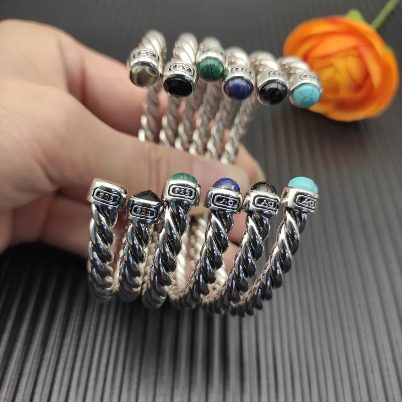 David Yurman Silver Green Twisted Cable Malachite End Caps Bracelet 2