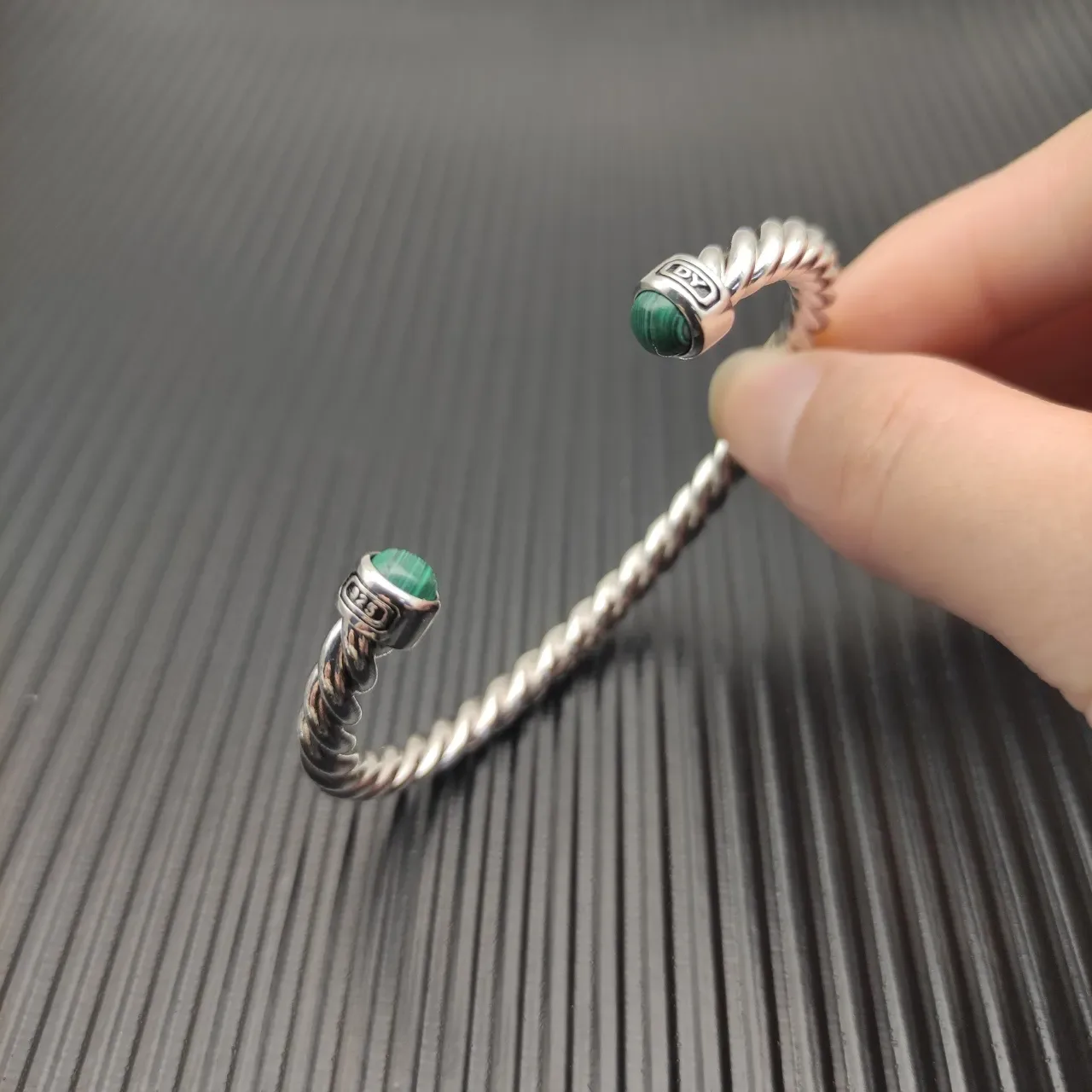 David Yurman Silver Green Twisted Cable Malachite End Caps Bracelet 6