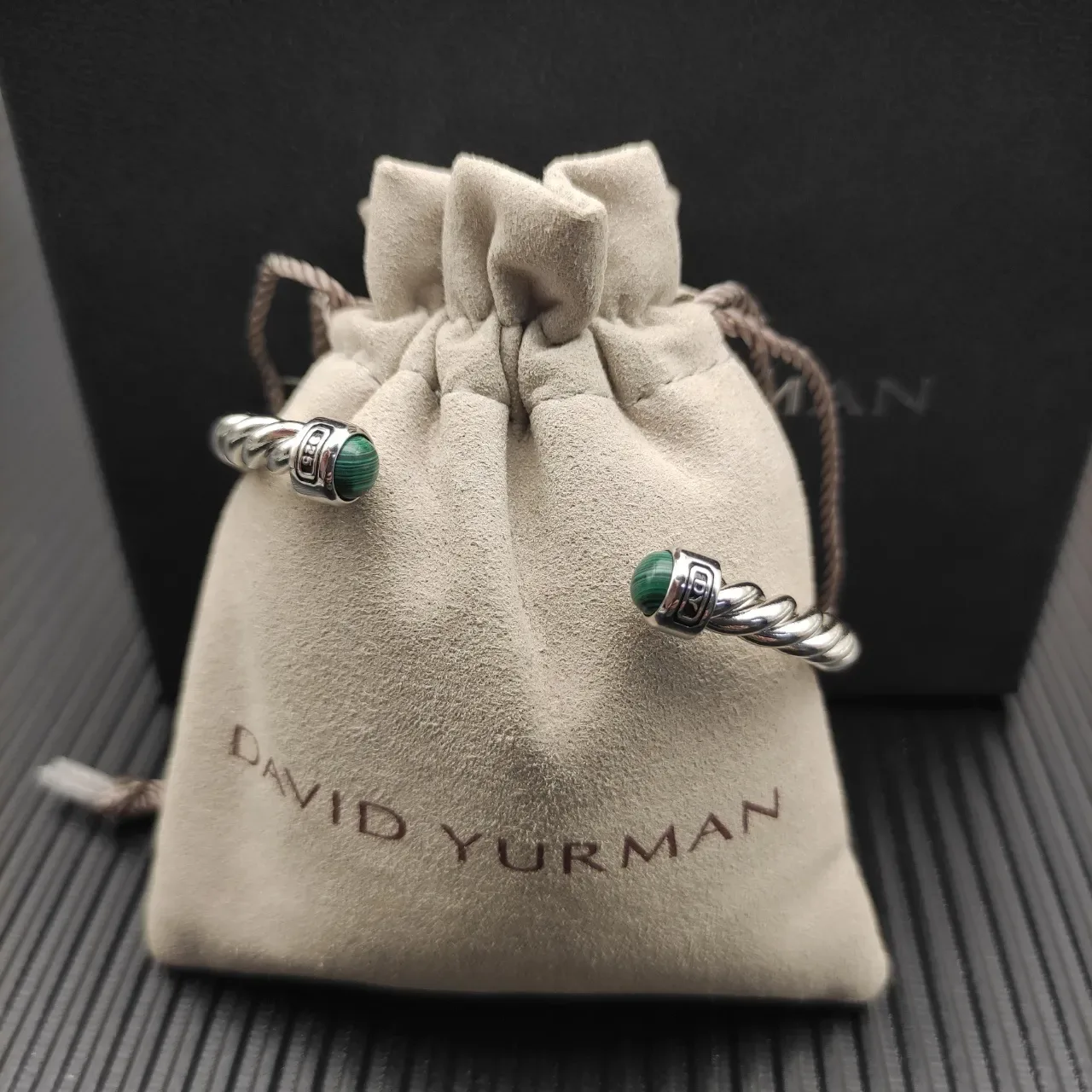 David Yurman Silver Green Twisted Cable Malachite End Caps Bracelet 7
