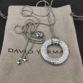 David Yurman فضي Pave-Set معلق دائرة مزدوجة سلاسل كابل قلادة