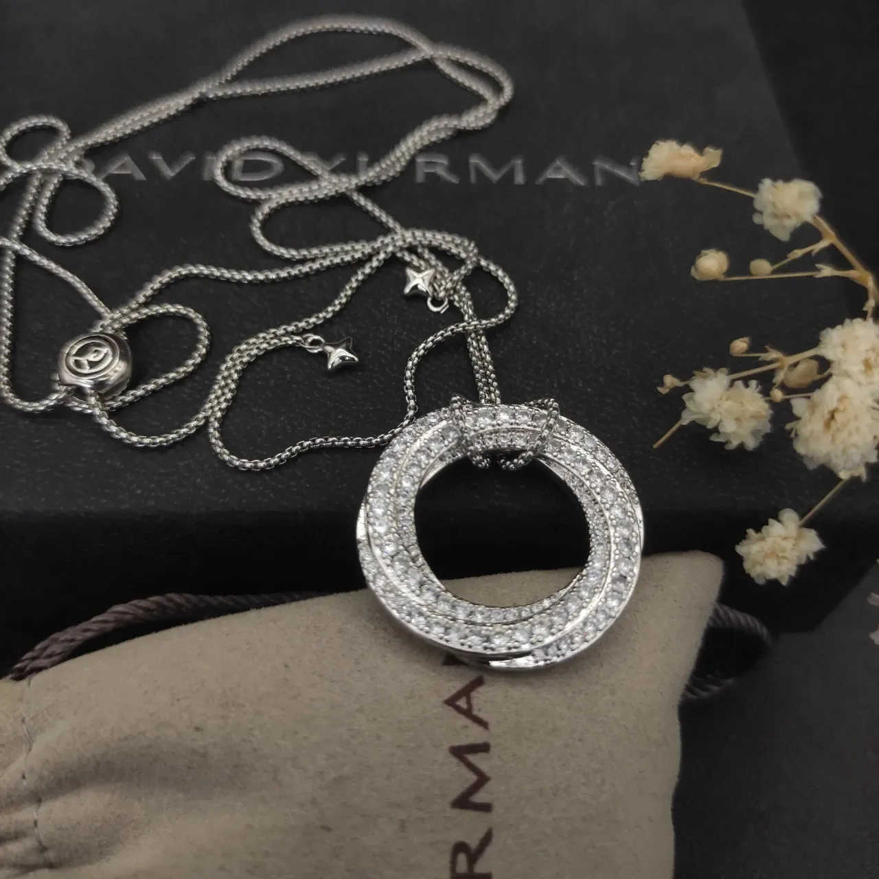 David Yurman Silver Pave-Set Double Circle Pendant Cable Chain Necklace 2
