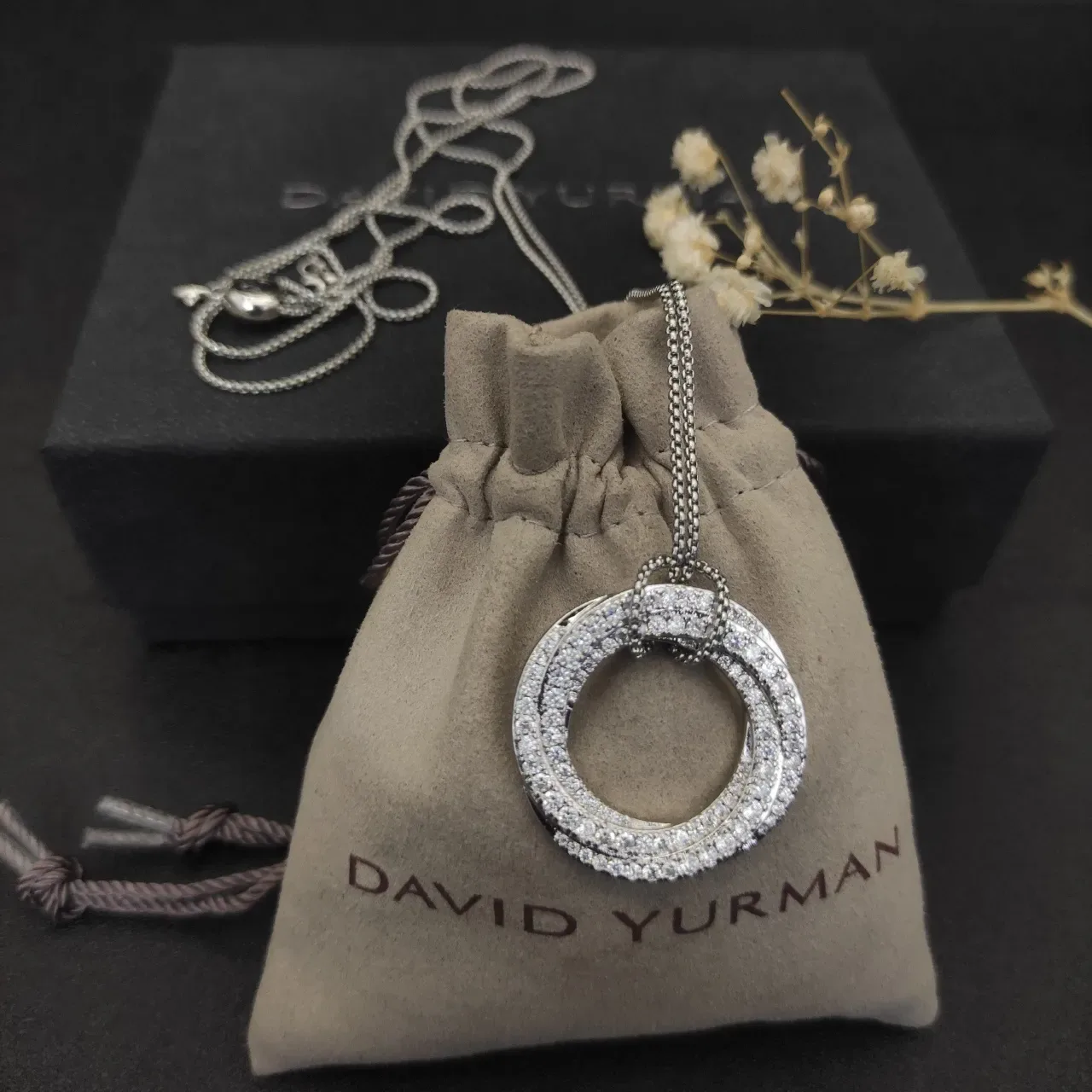 David Yurman Silver Pave-Set Double Circle Pendant Cable Chain Necklace 3