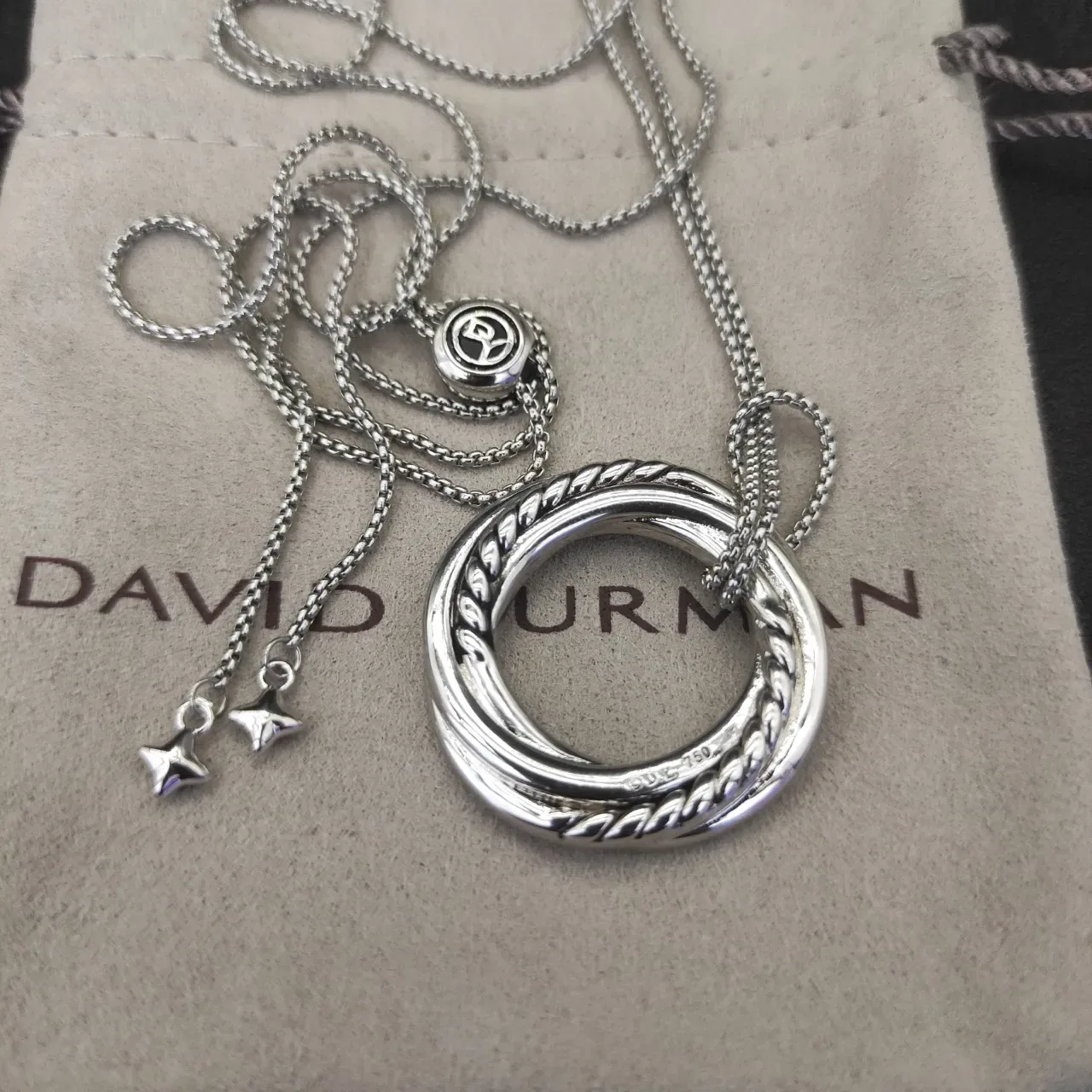 David Yurman Silver Pave-Set Double Circle Pendant Cable Chain Necklace 5