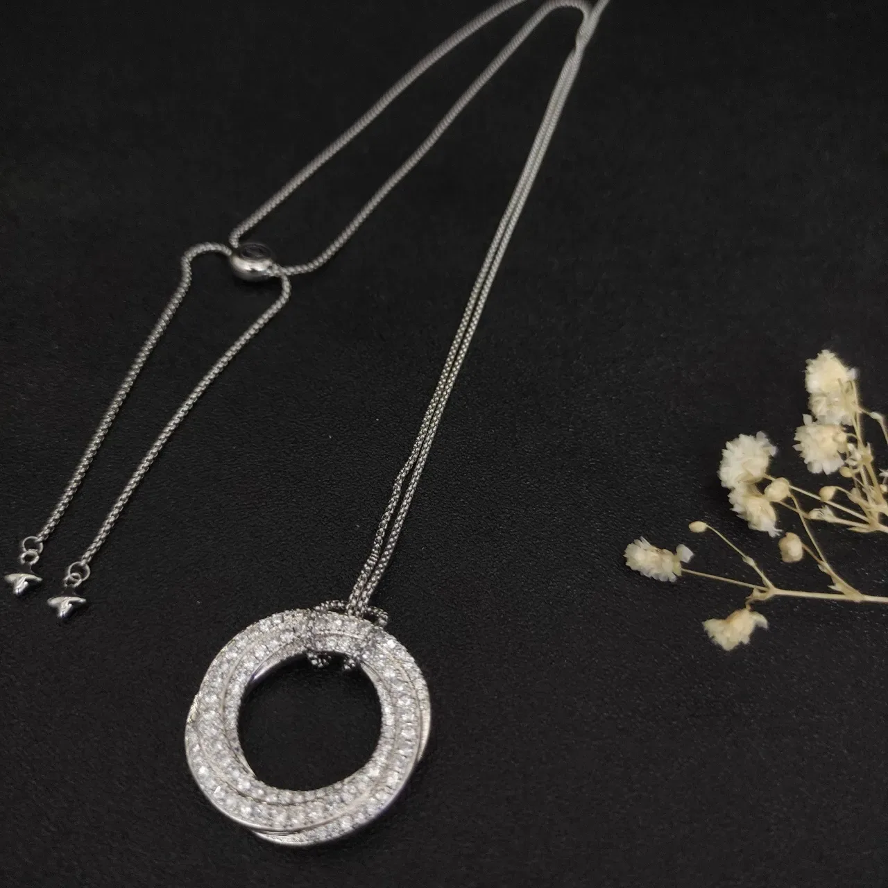 David Yurman Silver Pave-Set Double Circle Pendant Cable Chain Necklace 9