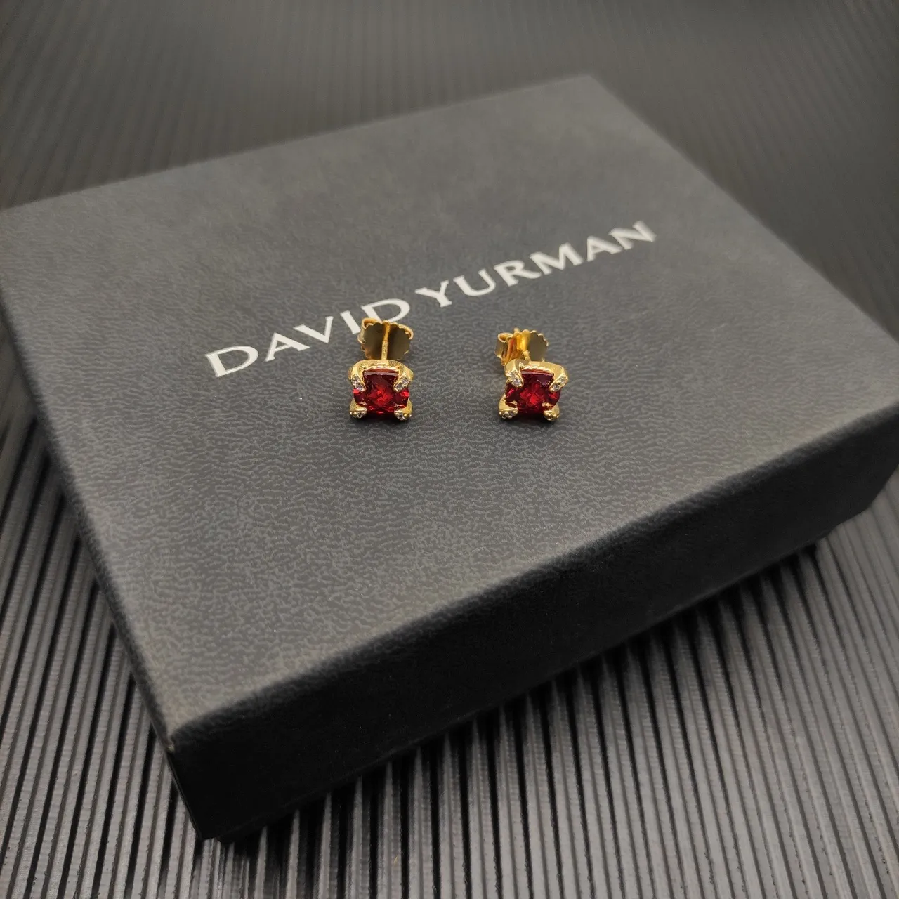 David Yurman Square Red Gemstone Gold Stud Earrings 5