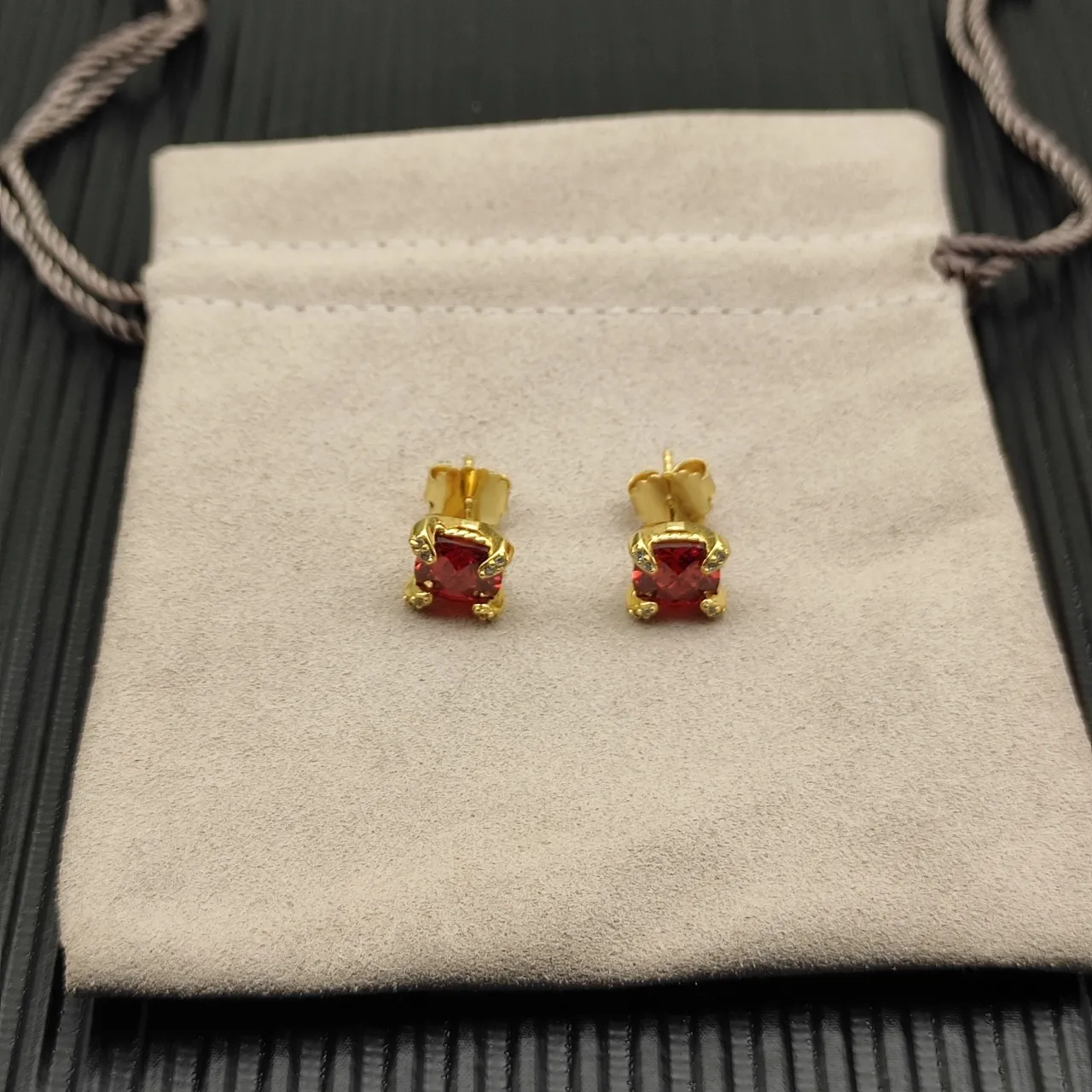 David Yurman Square Red Gemstone Gold Stud Earrings 9