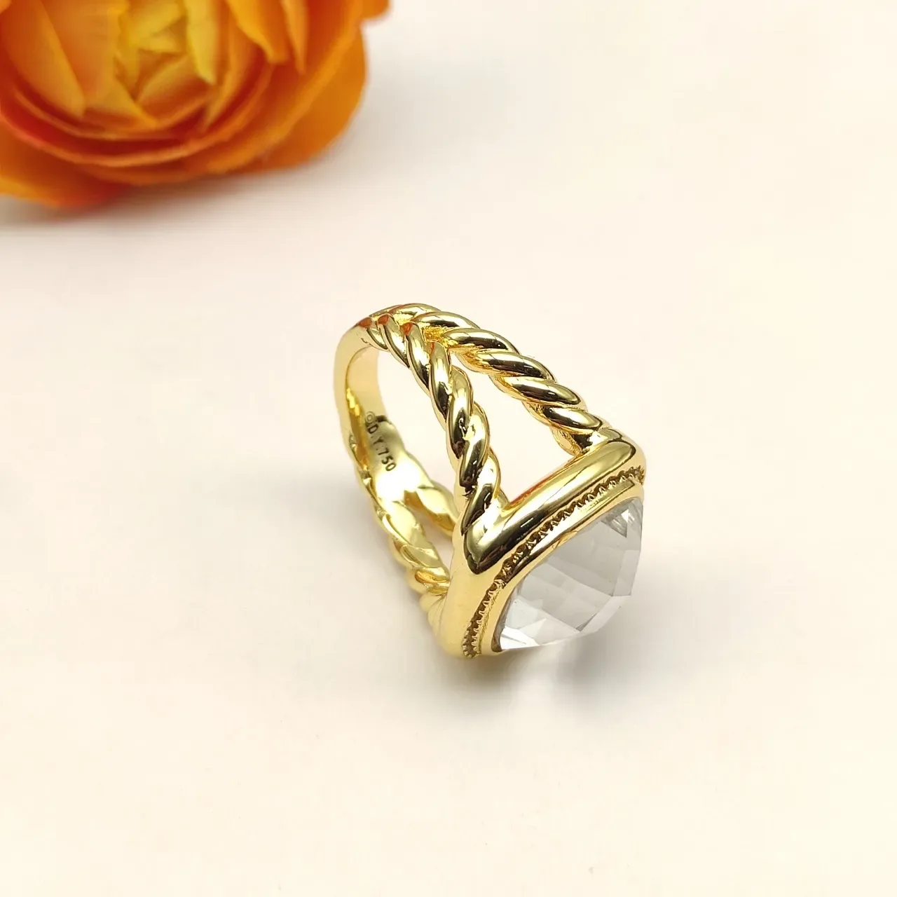 David Yurman Twisted Cable Bezel-Set Clear Stone Ring 5