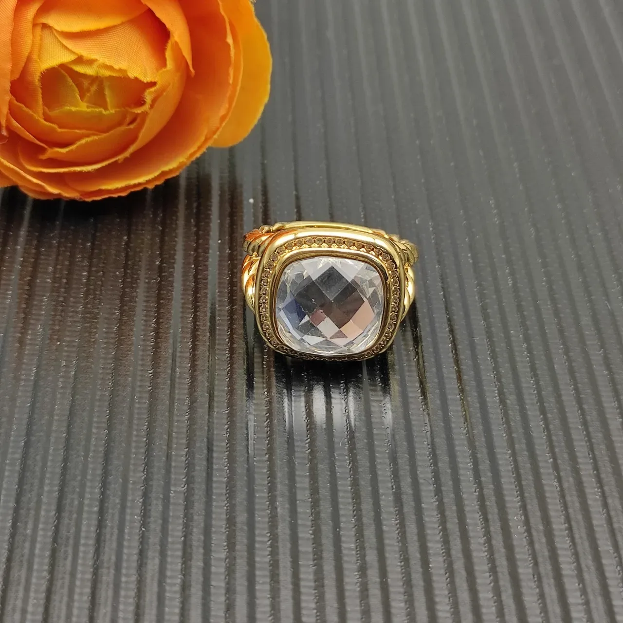 David Yurman Twisted Cable Bezel-Set Clear Stone Ring 7