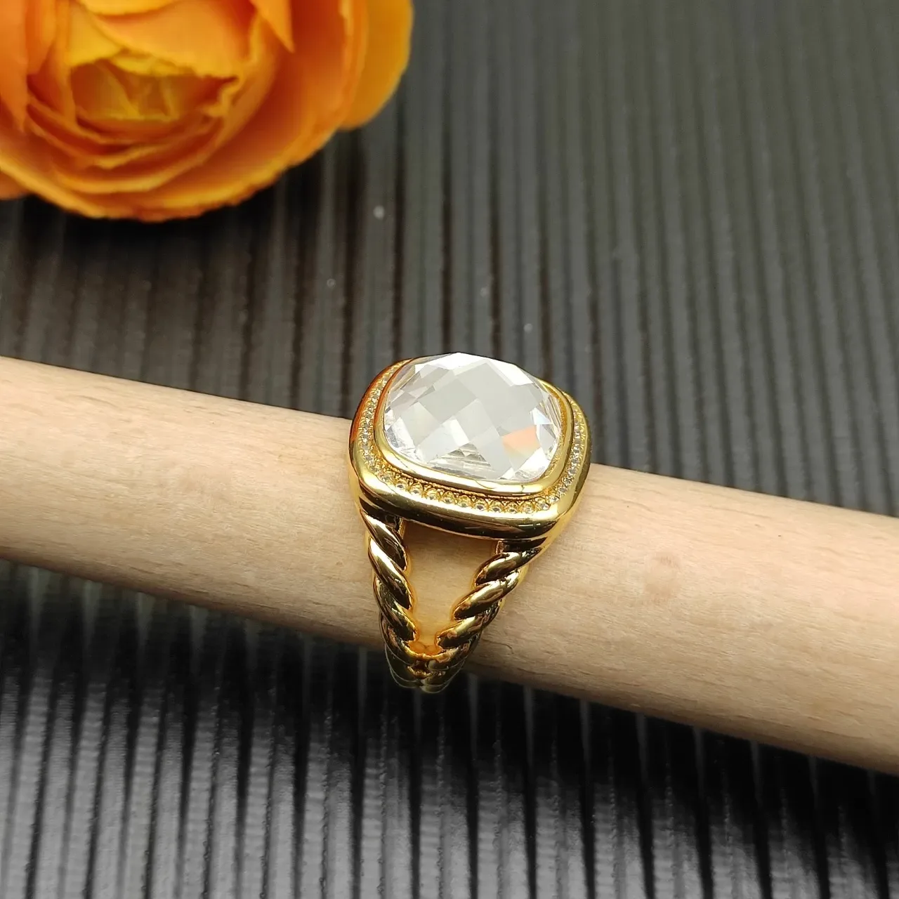 David Yurman Twisted Cable Bezel-Set Clear Stone Ring 8