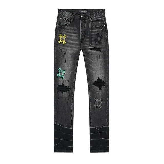 Distressed Embroidered Dark Wash Slim-Fit Jeans 2