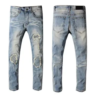 Distressed Light-Wash Blue Raw Hem Jeans