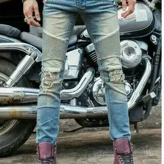 Distressed Motorcycle-Style Slim-Fit Blue Jeans