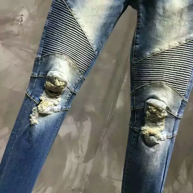 Distressed Motorcycle-Style Slim-Fit Blue Jeans 4