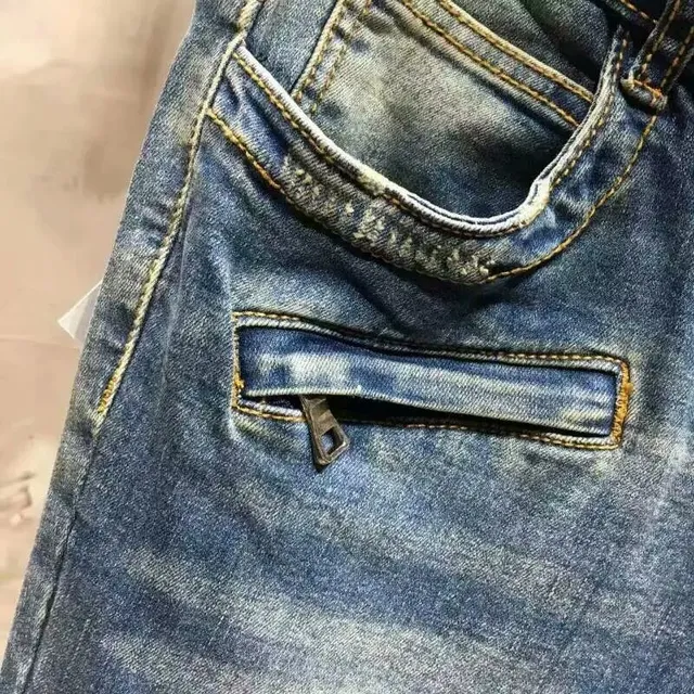 Distressed Motorcycle-Style Slim-Fit Blue Jeans 7