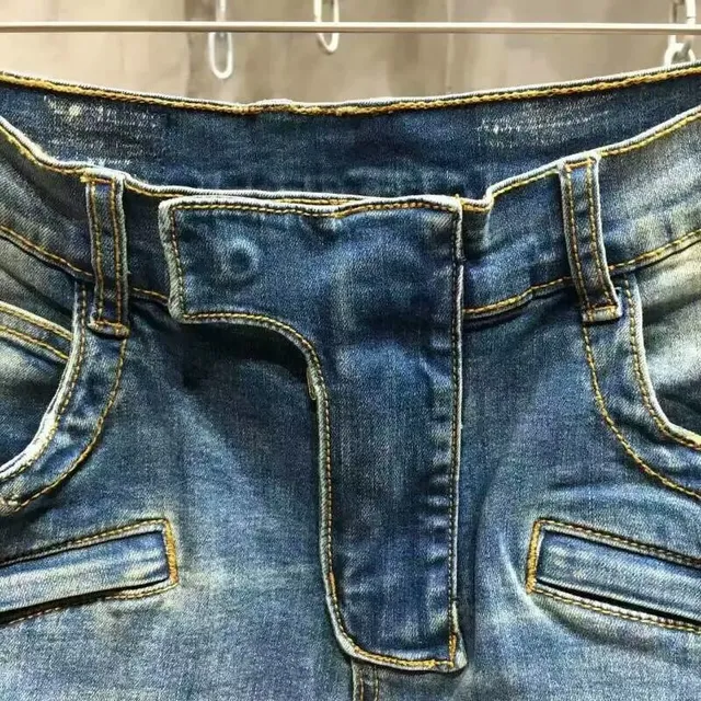 Distressed Motorcycle-Style Slim-Fit Blue Jeans 8