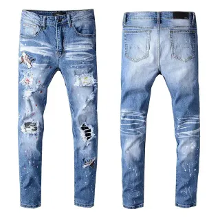 Distressed Paint-Splattered Patchwork Slim-Fit Blue Jeans