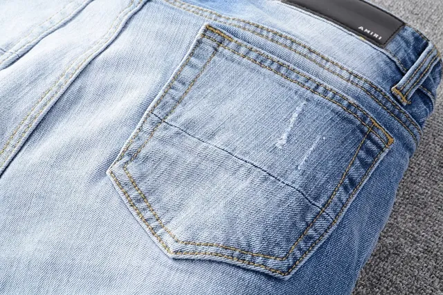 Distressed Paint-Splattered Patchwork Slim-Fit Blue Jeans 5